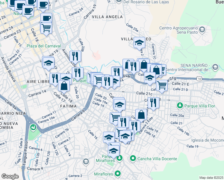 map of restaurants, bars, coffee shops, grocery stores, and more near 2-100 Calle 21C in Pasto