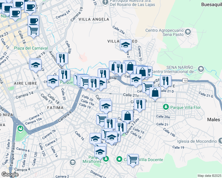 map of restaurants, bars, coffee shops, grocery stores, and more near 2100 Calle 21C in Pasto