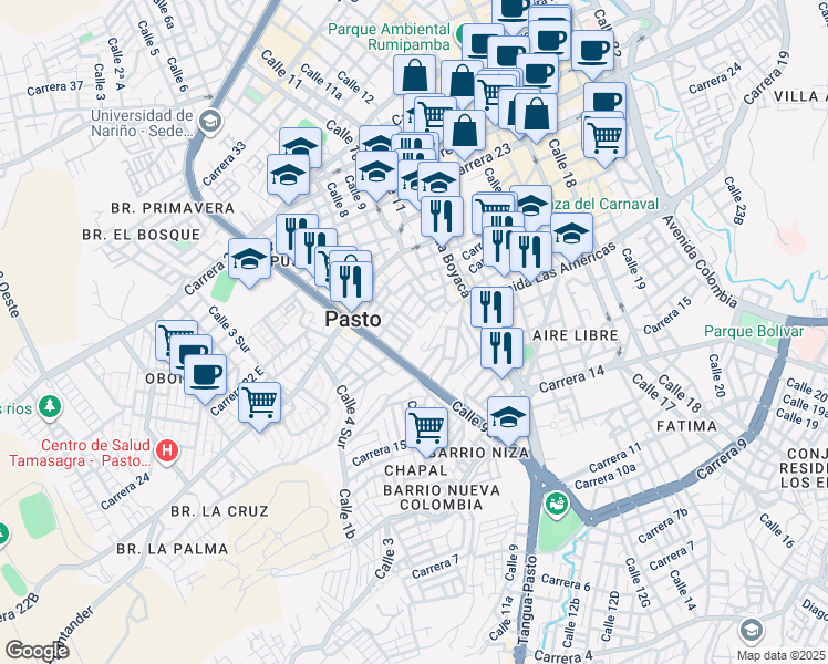 map of restaurants, bars, coffee shops, grocery stores, and more near Calle 5a in Pasto