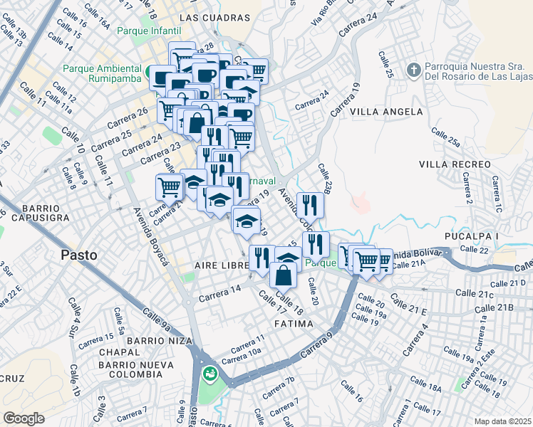 map of restaurants, bars, coffee shops, grocery stores, and more near Carrera 18 A in Pasto