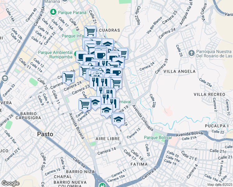 map of restaurants, bars, coffee shops, grocery stores, and more near 211 Calle 20 in Pasto