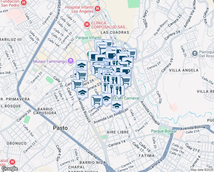 map of restaurants, bars, coffee shops, grocery stores, and more near 17-17 Carrera 22 in Pasto