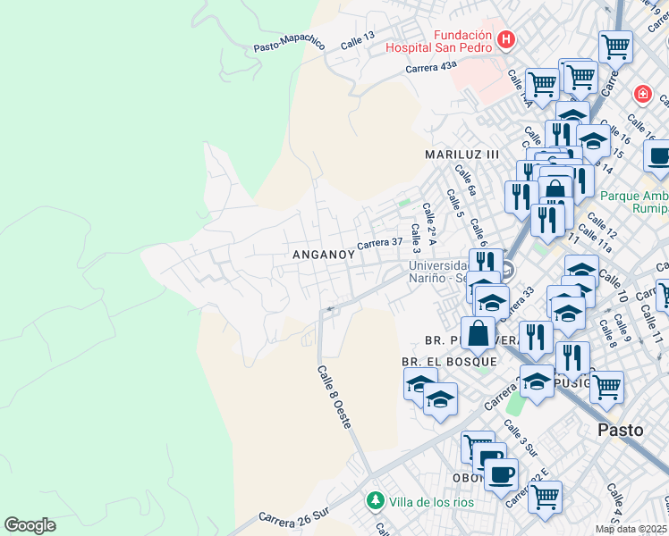 map of restaurants, bars, coffee shops, grocery stores, and more near # 3-23 Carrera 36A in Pasto