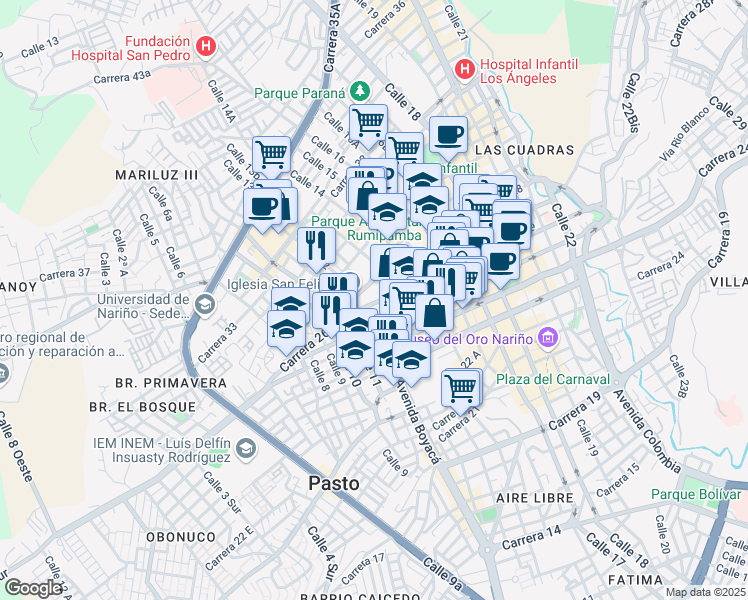 map of restaurants, bars, coffee shops, grocery stores, and more near in Pasto