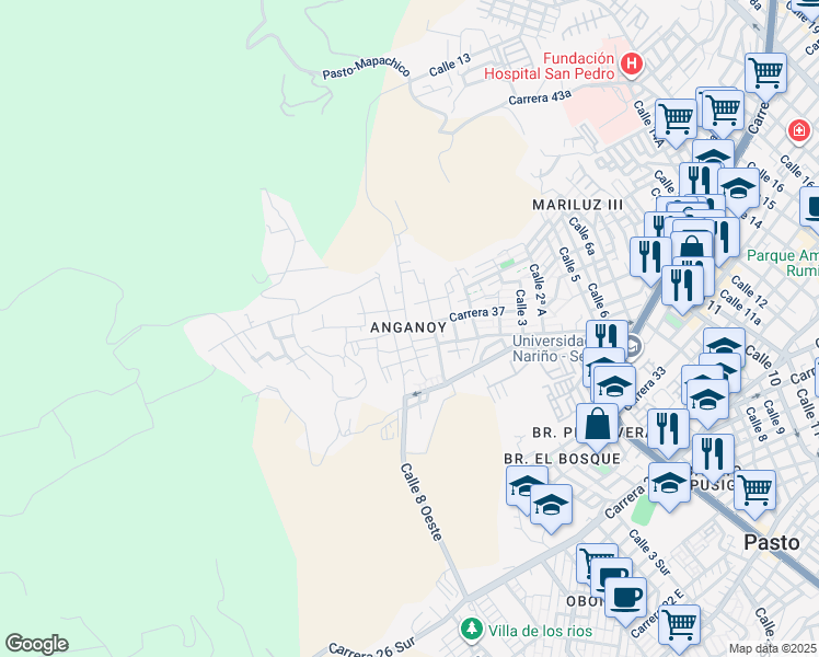 map of restaurants, bars, coffee shops, grocery stores, and more near # 3-23 Carrera 36A in Pasto
