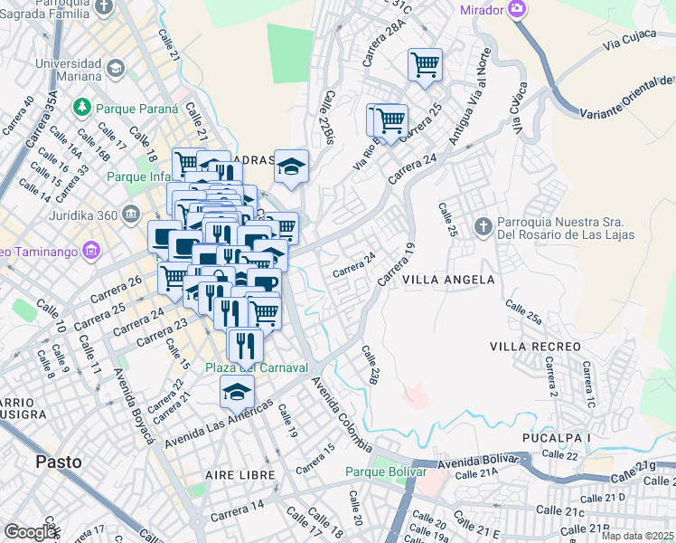 map of restaurants, bars, coffee shops, grocery stores, and more near 24-19 Carrera 22 in Pasto