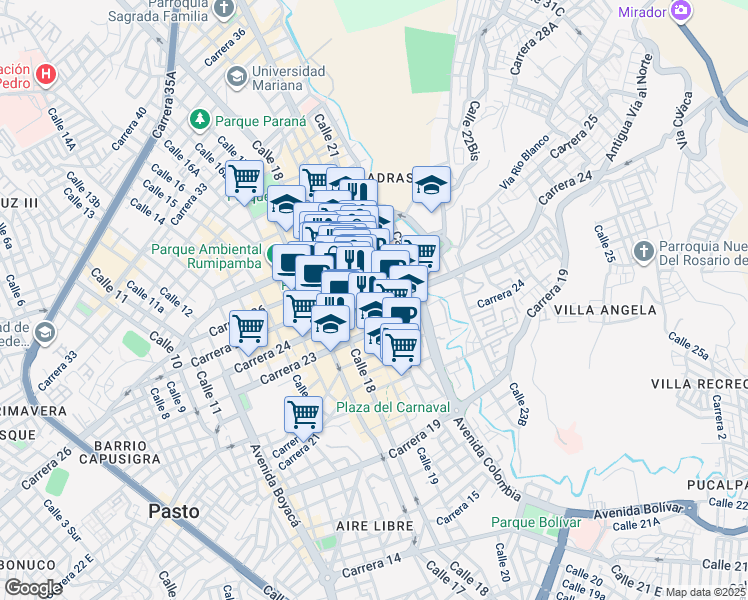 map of restaurants, bars, coffee shops, grocery stores, and more near 24-37 Calle 20 in Pasto