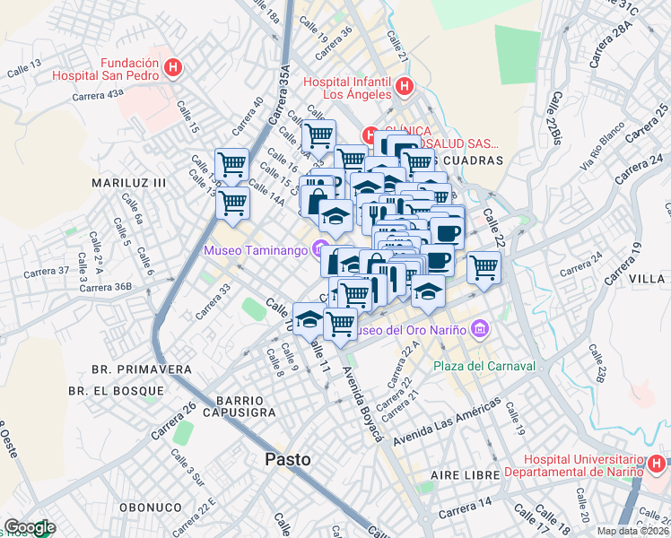map of restaurants, bars, coffee shops, grocery stores, and more near 132-13100 Carrera 27 in Pasto