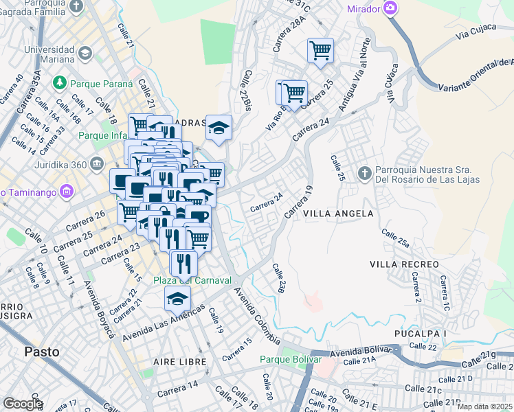 map of restaurants, bars, coffee shops, grocery stores, and more near 24-19 Carrera 22 in Pasto