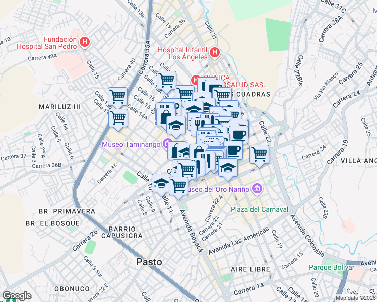 map of restaurants, bars, coffee shops, grocery stores, and more near 13100 Carrera 27 in Pasto