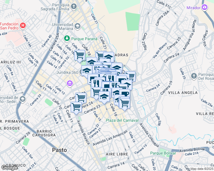 map of restaurants, bars, coffee shops, grocery stores, and more near 2577 Calle 19 in Pasto