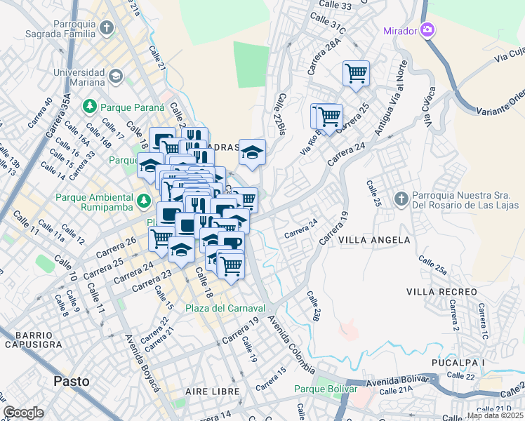 map of restaurants, bars, coffee shops, grocery stores, and more near 241-2499 Calle 23 in Pasto