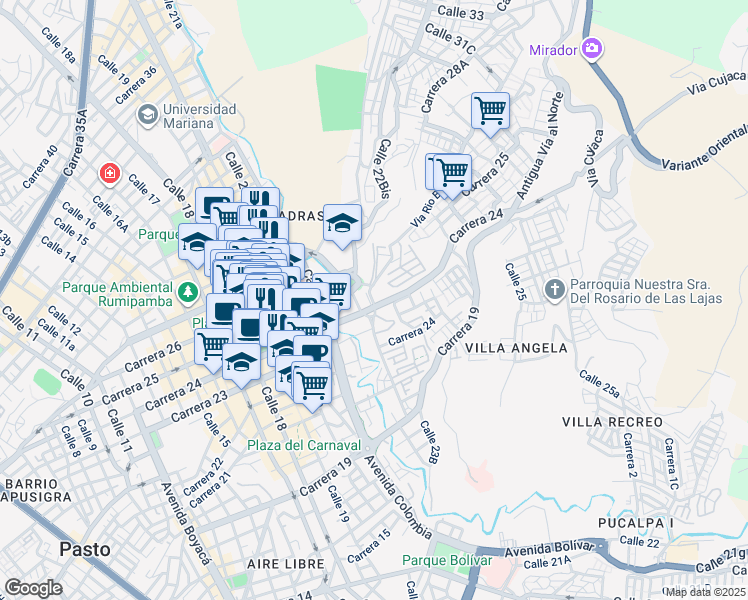 map of restaurants, bars, coffee shops, grocery stores, and more near 2499 Calle 23 in Pasto