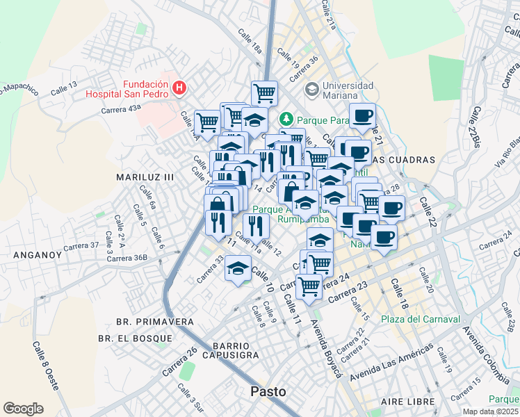 map of restaurants, bars, coffee shops, grocery stores, and more near 12a1-12a85 Carrera 32 in Pasto