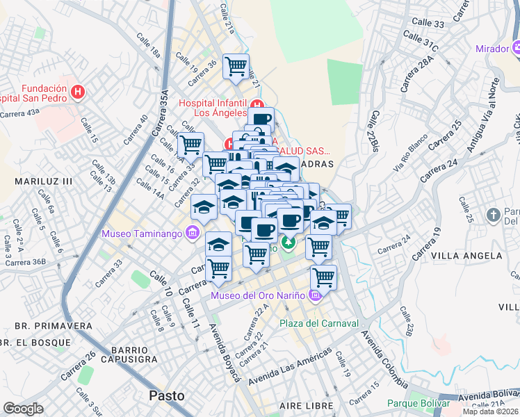 map of restaurants, bars, coffee shops, grocery stores, and more near No 18-41 Carrera 29 in Pasto