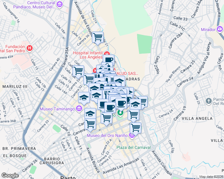 map of restaurants, bars, coffee shops, grocery stores, and more near No 18-41 Carrera 29 in Pasto