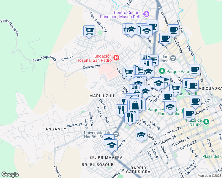 map of restaurants, bars, coffee shops, grocery stores, and more near # 11A-13 Carrera 41 in Pasto