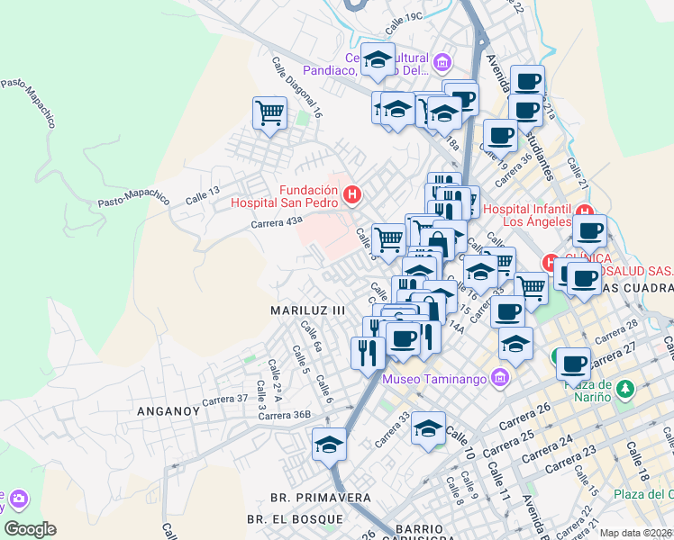 map of restaurants, bars, coffee shops, grocery stores, and more near 41-60 Calle 12A in Pasto