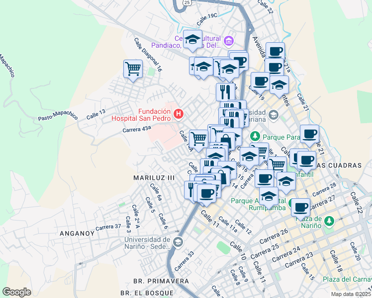 map of restaurants, bars, coffee shops, grocery stores, and more near 13c1-13c35 Carrera 41 in Pasto