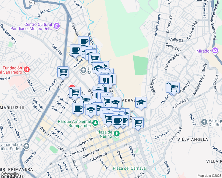 map of restaurants, bars, coffee shops, grocery stores, and more near # 13E-31 Calle 21 in Pasto