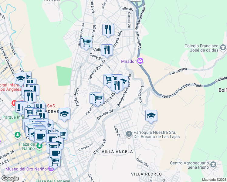 map of restaurants, bars, coffee shops, grocery stores, and more near Calle 30 in Pasto