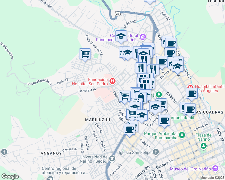 map of restaurants, bars, coffee shops, grocery stores, and more near 1380 Carrera 43a in Pasto