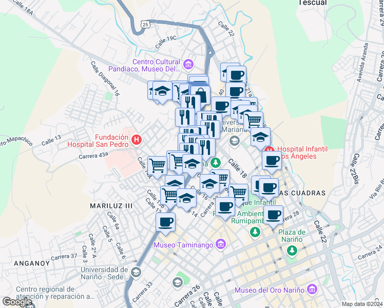 map of restaurants, bars, coffee shops, grocery stores, and more near Carrera 40 in Pasto