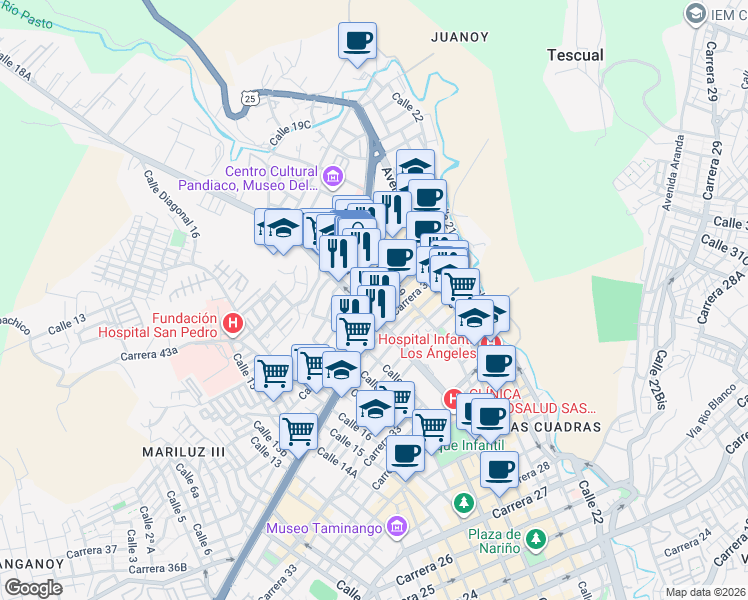 map of restaurants, bars, coffee shops, grocery stores, and more near 181-1899 Carrera 37 in Pasto