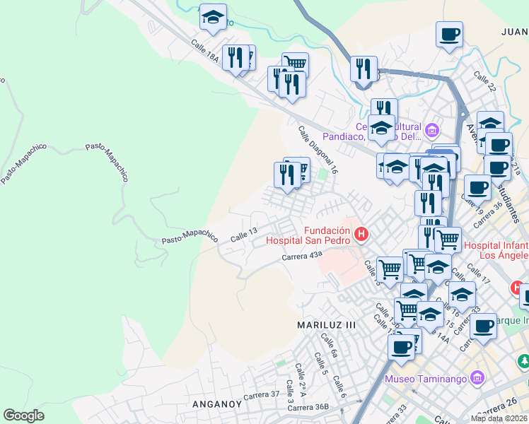 map of restaurants, bars, coffee shops, grocery stores, and more near in Pasto