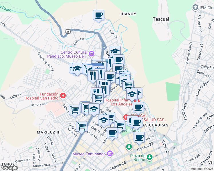 map of restaurants, bars, coffee shops, grocery stores, and more near 181 Carrera 37 in Pasto
