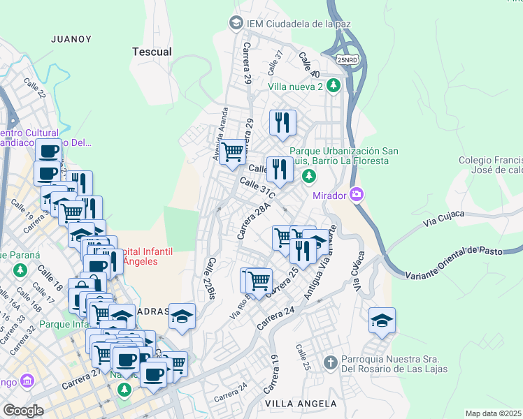 map of restaurants, bars, coffee shops, grocery stores, and more near Calle 30 in Pasto