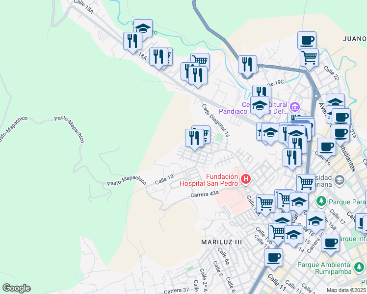 map of restaurants, bars, coffee shops, grocery stores, and more near 44B99 Calle 16 in Pasto