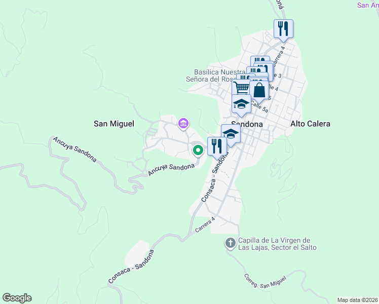 map of restaurants, bars, coffee shops, grocery stores, and more near Ancuya Sandona in Sandoná