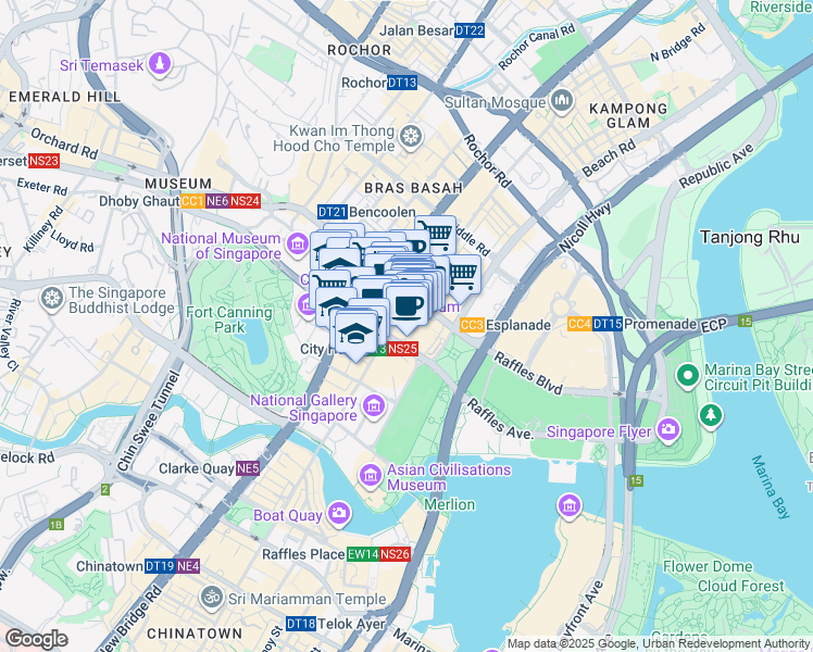 map of restaurants, bars, coffee shops, grocery stores, and more near 252 North Bridge Road in Singapore