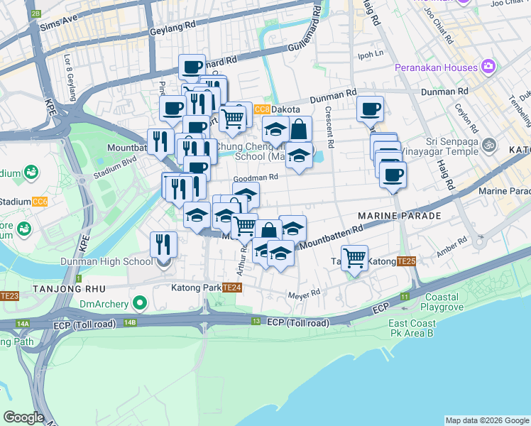map of restaurants, bars, coffee shops, grocery stores, and more near in Singapore