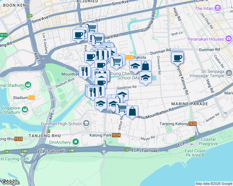 map of restaurants, bars, coffee shops, grocery stores, and more near in Singapore