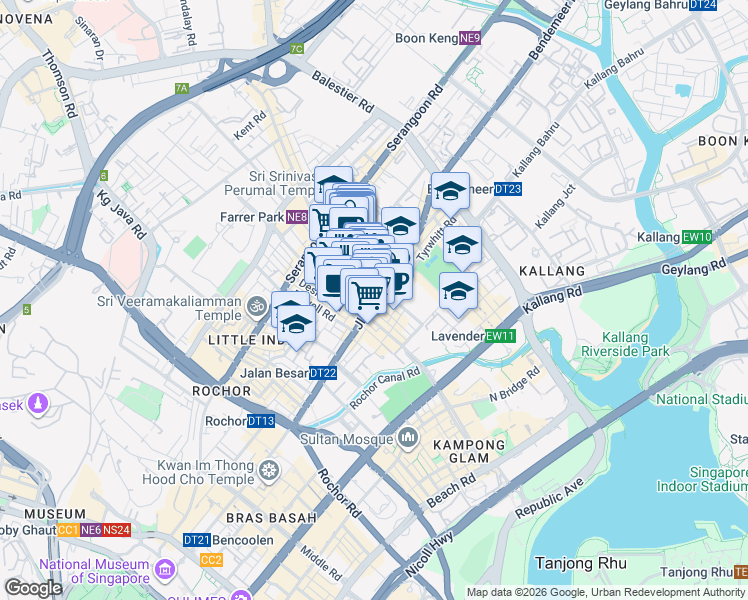 map of restaurants, bars, coffee shops, grocery stores, and more near Jalan Besar in Singapore