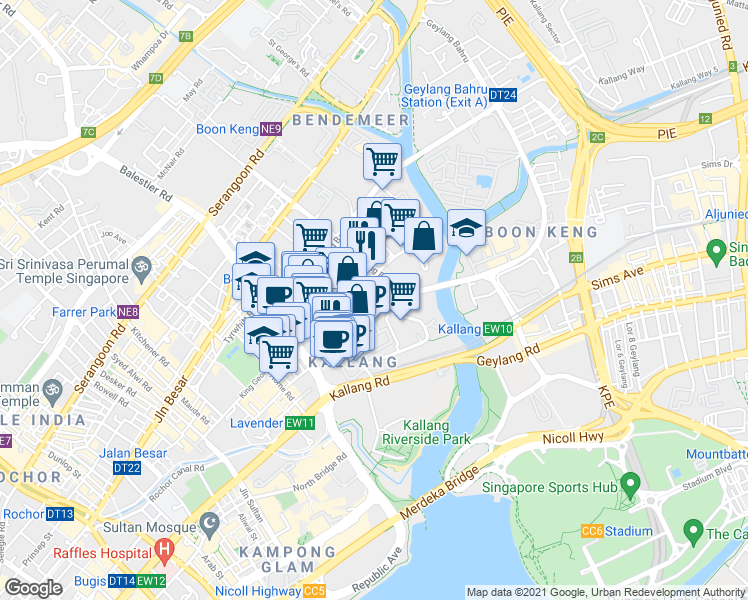 map of restaurants, bars, coffee shops, grocery stores, and more near in Singapore