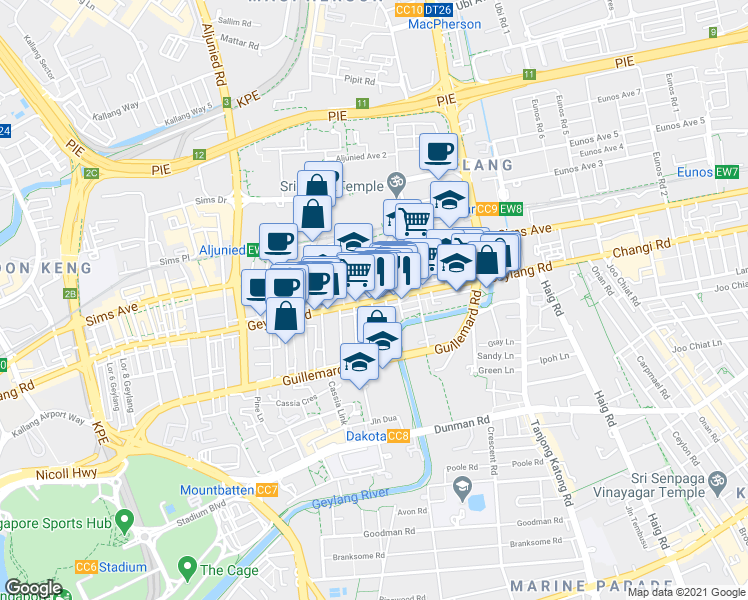 map of restaurants, bars, coffee shops, grocery stores, and more near in Singapore