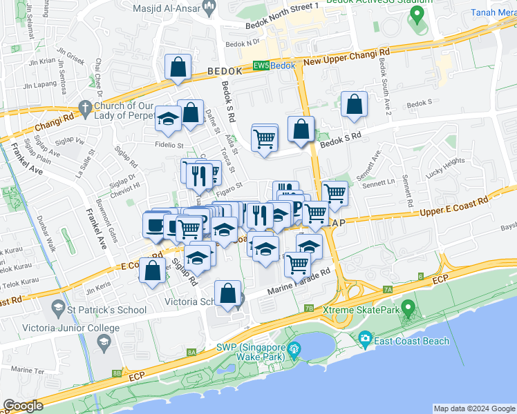map of restaurants, bars, coffee shops, grocery stores, and more near in Singapore