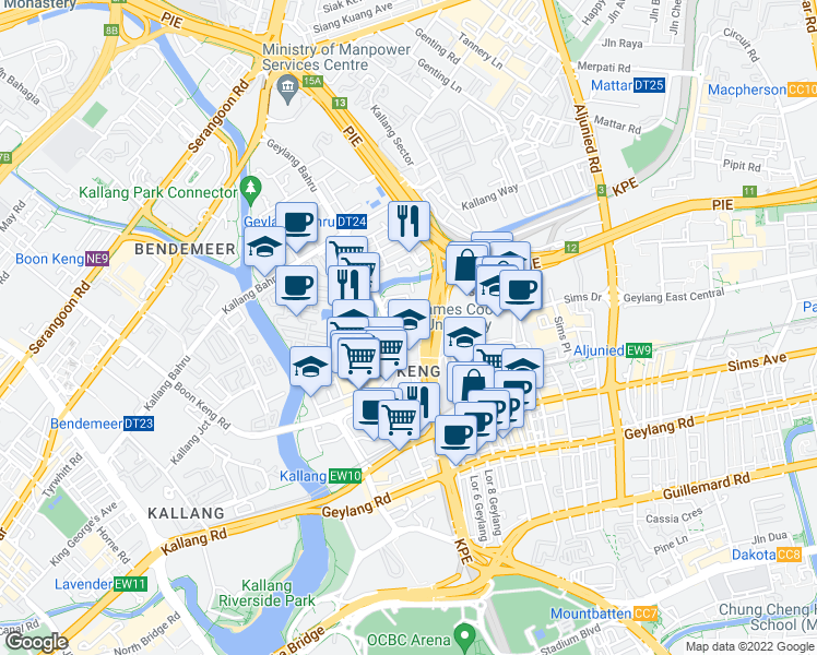map of restaurants, bars, coffee shops, grocery stores, and more near in Singapore