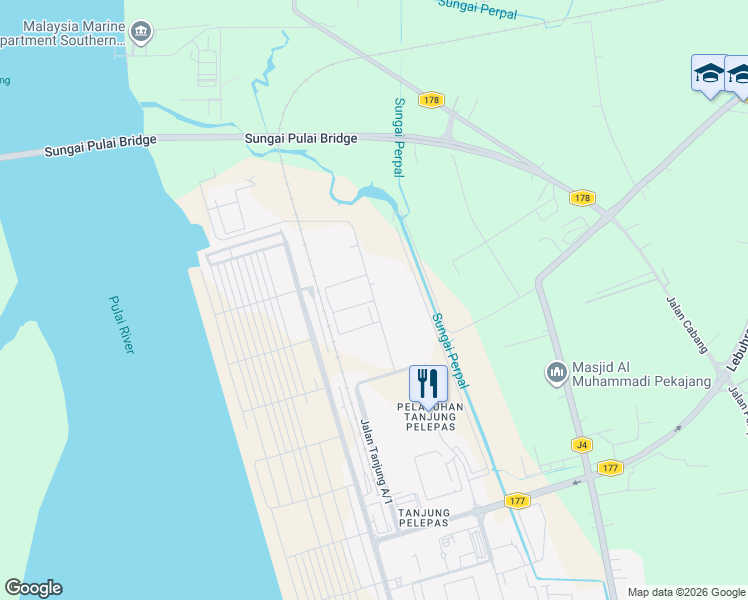 map of restaurants, bars, coffee shops, grocery stores, and more near Jalan Tanjung A/4 in Gelang Patah
