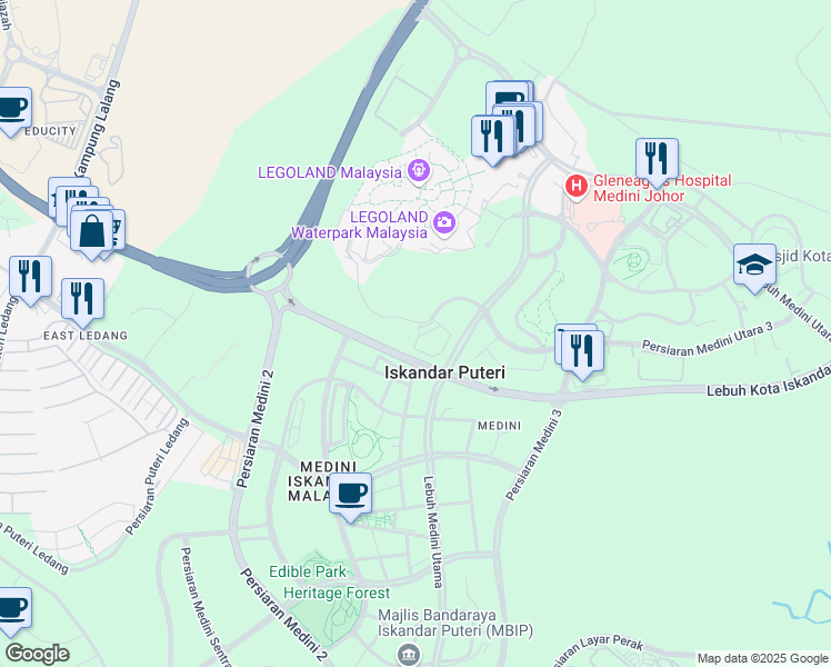 map of restaurants, bars, coffee shops, grocery stores, and more near 3 Persiaran Medini Utara 3 in Nusajaya