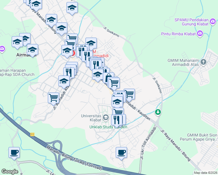 map of restaurants, bars, coffee shops, grocery stores, and more near Jalan Arnold Mononutu, Sarongsong, Kab. Minahasa Utara in North Minahasa