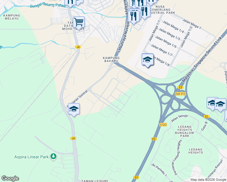 map of restaurants, bars, coffee shops, grocery stores, and more near Jalan Teknologi Perintis 1 in Iskandar Puteri
