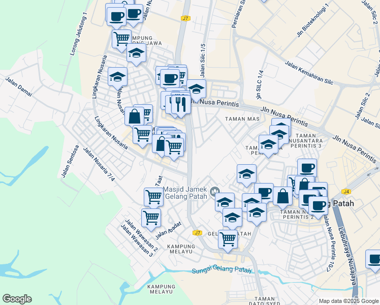 map of restaurants, bars, coffee shops, grocery stores, and more near Jalan Ulu Choh in Gelang Patah