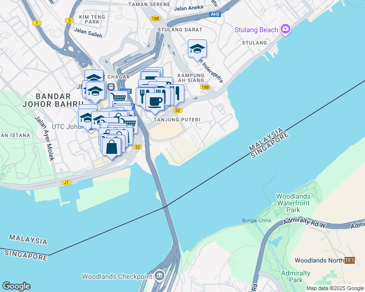 map of restaurants, bars, coffee shops, grocery stores, and more near 1 R&F in Johor Bahru