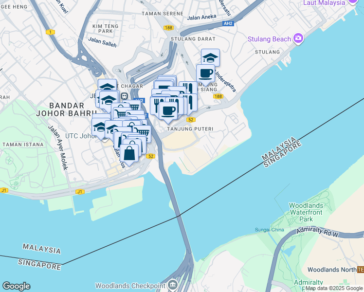 map of restaurants, bars, coffee shops, grocery stores, and more near 1 R&F in Johor Bahru
