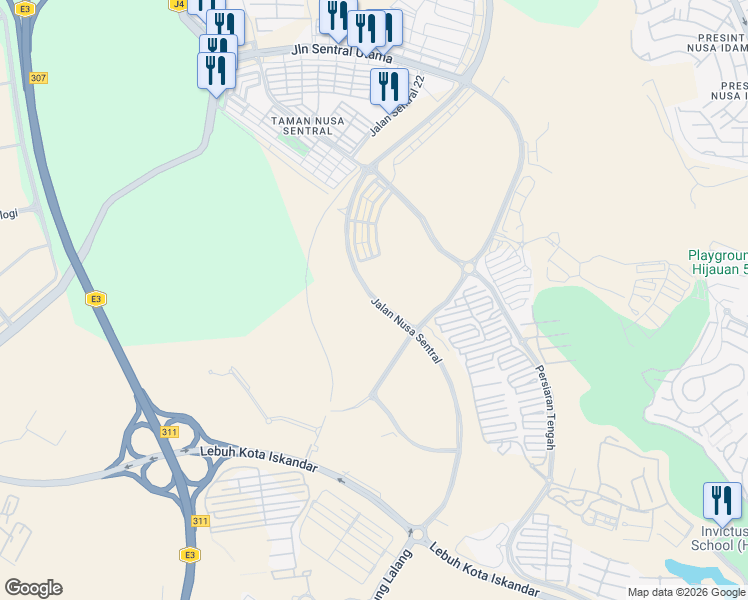 map of restaurants, bars, coffee shops, grocery stores, and more near Jalan Nusa Sentral in Iskandar Puteri