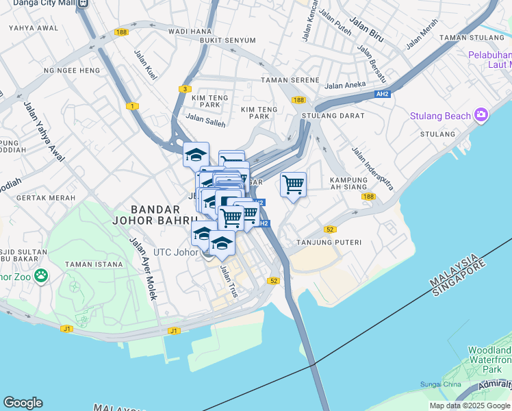 map of restaurants, bars, coffee shops, grocery stores, and more near Jalan Jim Quee in Johor Bahru